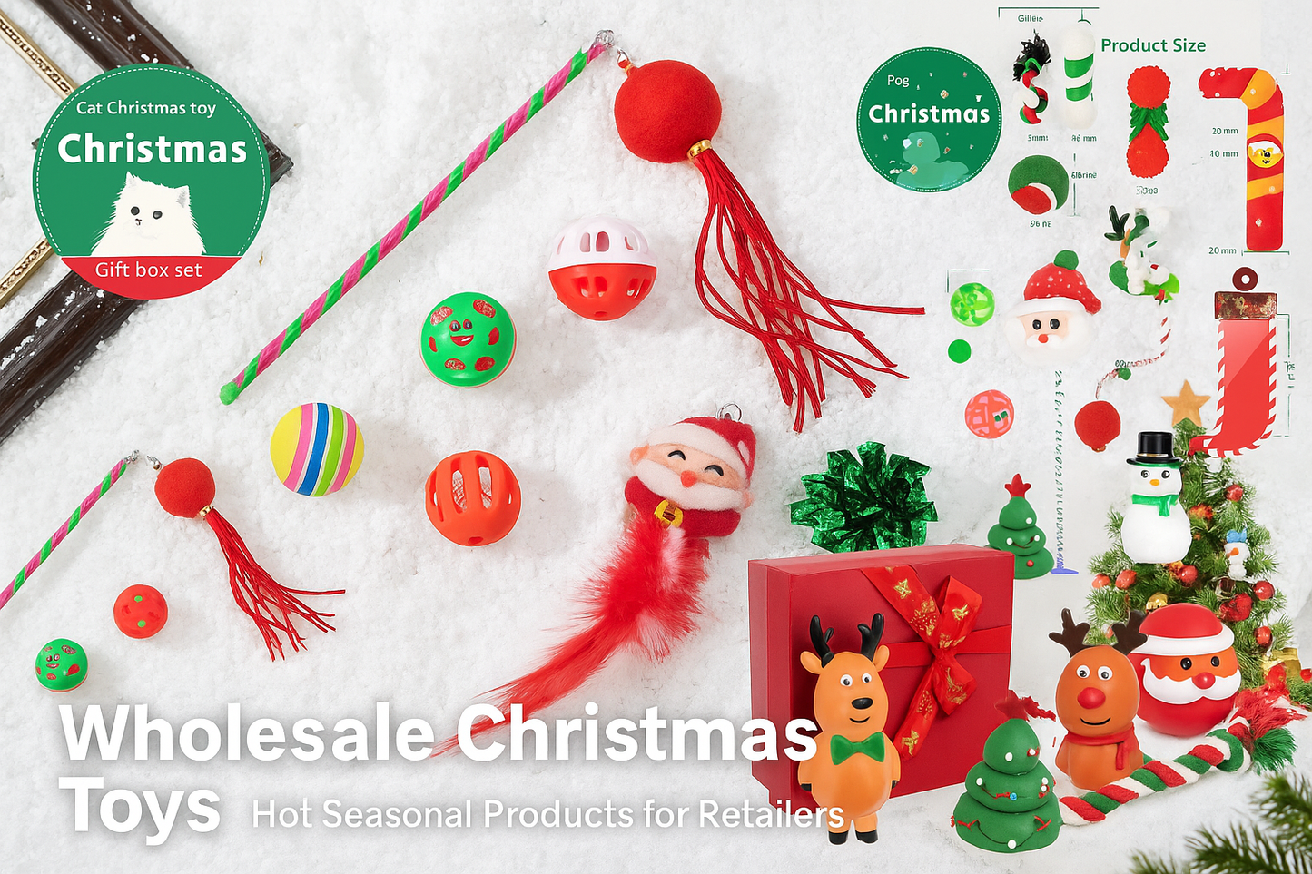 Assorted Christmas-themed toys and decorations on a snowy background with promotional text.