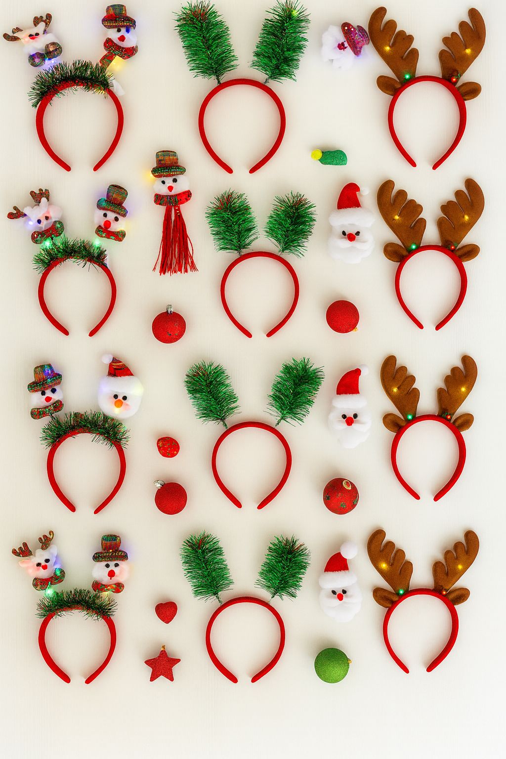 Collection of Christmas-themed headbands and accessories on a beige background