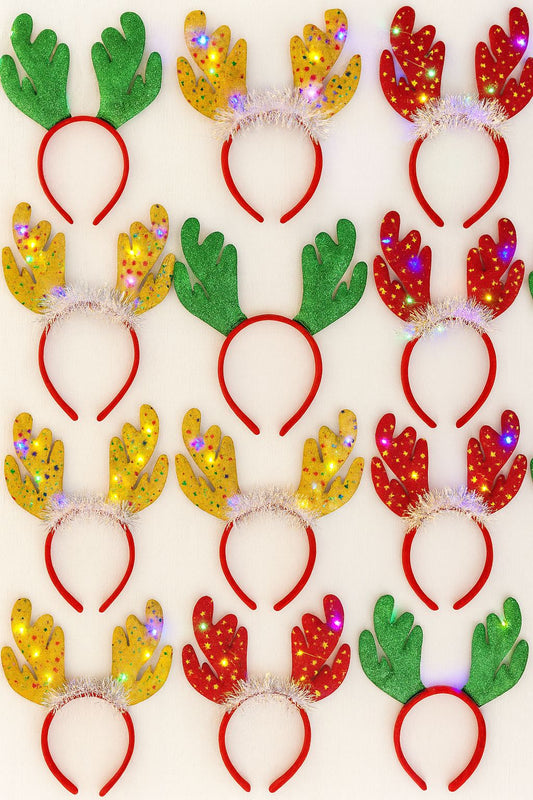 Set of LED reindeer antler headbands in red, green, and yellow colors.
