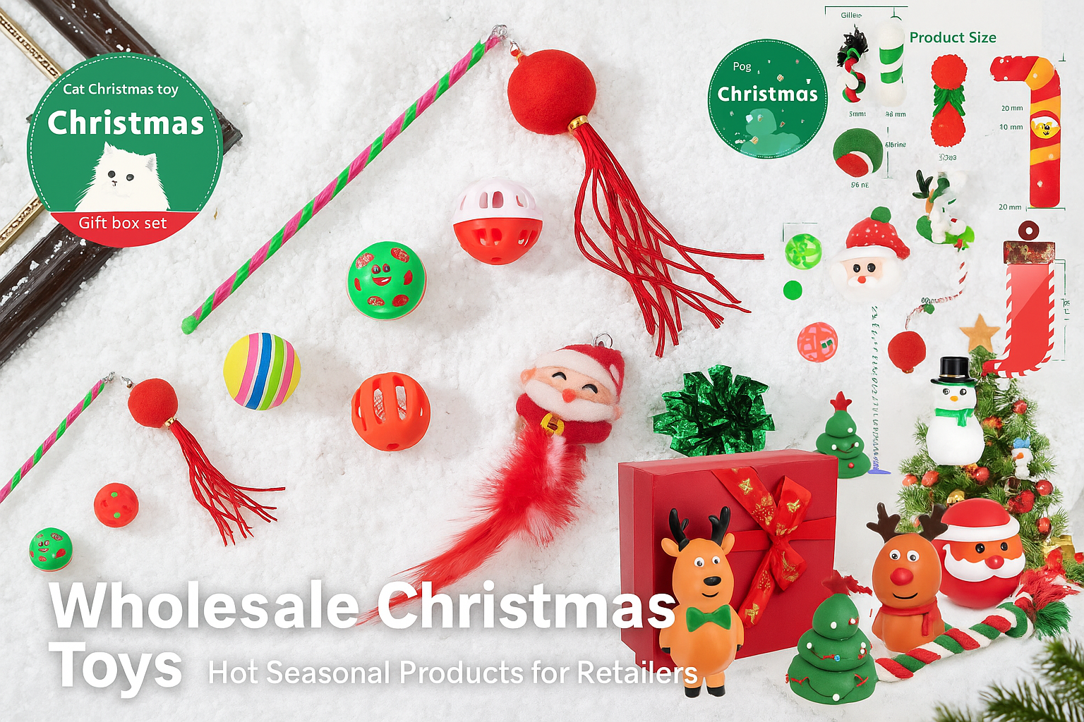 Assorted Christmas-themed toys and decorations.Ornaments.