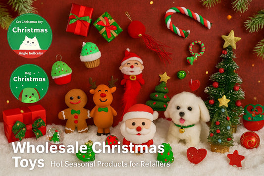 Collection of Christmas-themed toys and decorations on a red background with 'Cat Christmas' and 'Dog Christmas' labels.