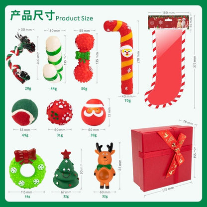 Product size chart with various Christmas-themed toys and a gift box on a green background.